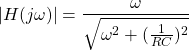 Rendered by QuickLaTeX.com 开始\{对齐*}| H (j \ω)| = \压裂{\ω}{\√6{\ω^ 2 +(\压裂{1}{RC}) ^ 2}}{对齐*}\结束