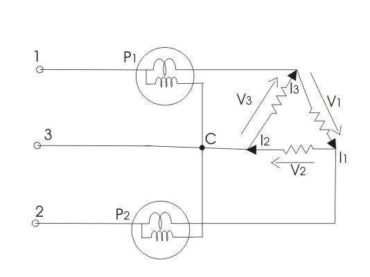 二瓦特计法三角连接负载